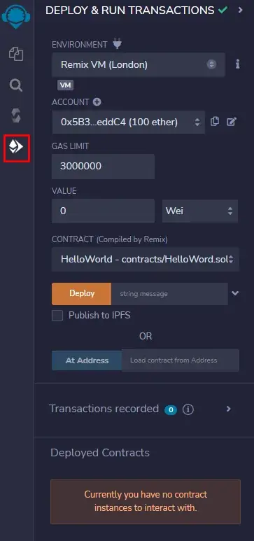 Icono donde se encuentra la opción Deploy & Run Transactions