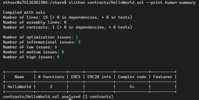 Informe de slither con el print de human summary